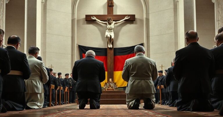 Tradycyjny katolicki widok niemieckich urzędników modlących się przed krzyżem, podkreślający władzę Boską nad światowymi sojuszem