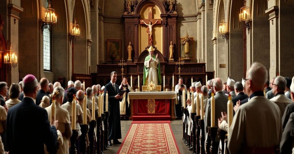 Scena tradycyjnej mszy katolickiej w niemieckim kościele z kontrastem między sakralnym liturgią a debatami modernistycznych biskupów