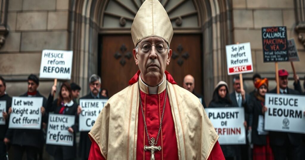 Tradycyjny katolicki biskup w pełnym stroju liturgicznym stoi przed zamkniętymi drzwiami katedry z grupą aktywistów liberalnych w tle. Scena symbolizuje konflikt między wiarą a apostazją nowoczesną.