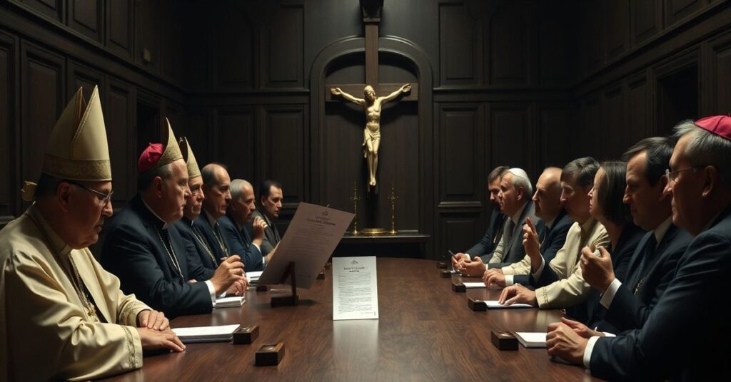 Zdjęcie przedstawiające niemieckich biskupów i laików dyskutujących nad statuetem konferencji synodalnej w tradycyjnym katolickim wnętrzu.