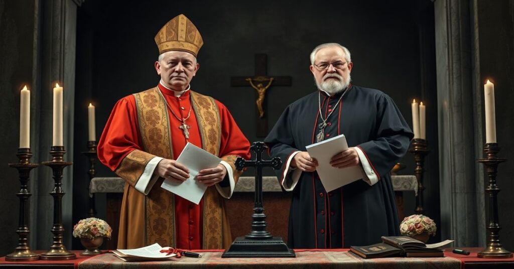Portret niemieckich liderów kościelnych Bätzinga i Marxa w tradycyjnym katolickim otoczeniu, symbolizujących apostazję.