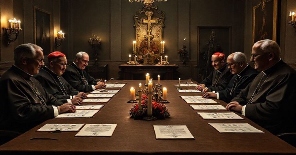 Zdjęcie przedstawiaje spotkanie niemieckiego episkopatu z przedstawicielami Watykanu w sprawie legalizacji schizmu pod nazwą "Konferencja Synodalna".