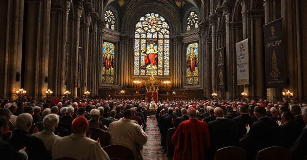 Zbiorowe zdjęcie niemieckich biskupów i kardynałów podczas spotkania synodalnego w katedrze, z kontrastem między tradycyjnymi elementami a nowoczesnymi zmianami.