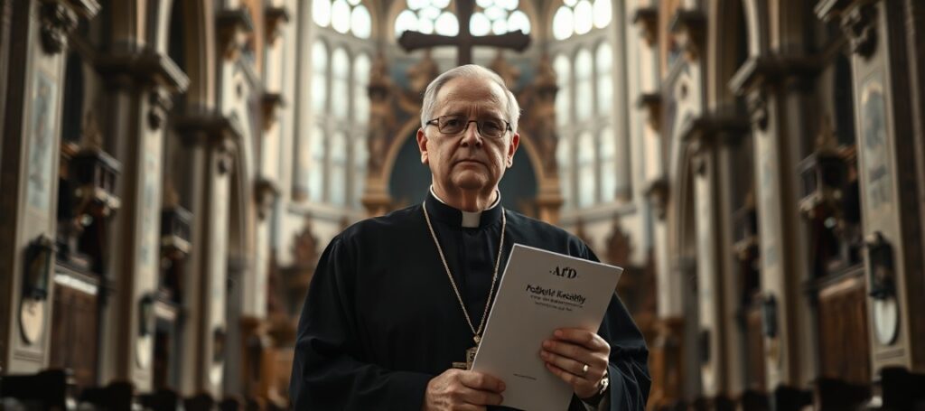 Biskup Gerhard Feige w katedrze niemieckiej z dokumentem o podatku kościelnym na tle symboli AfD i Chrystusa Króla.