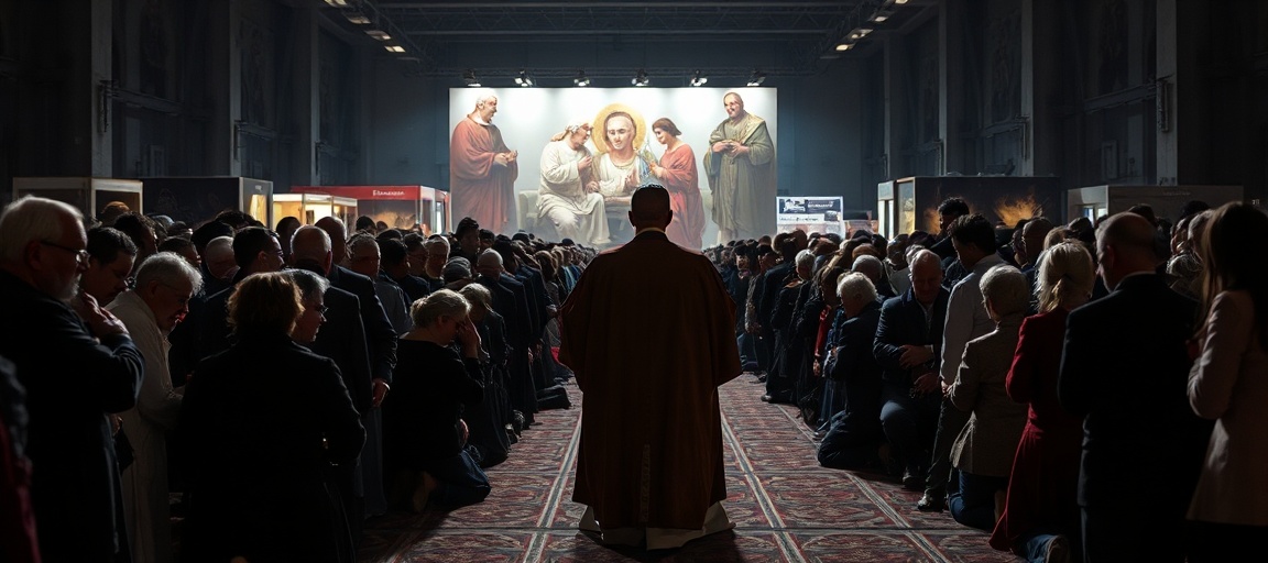 Gromadka katolików modli się podczas Niemieckiego Kongresu Katolickiego w Würzburgu, w tle widoczne jest stoisko promujące BDSM.