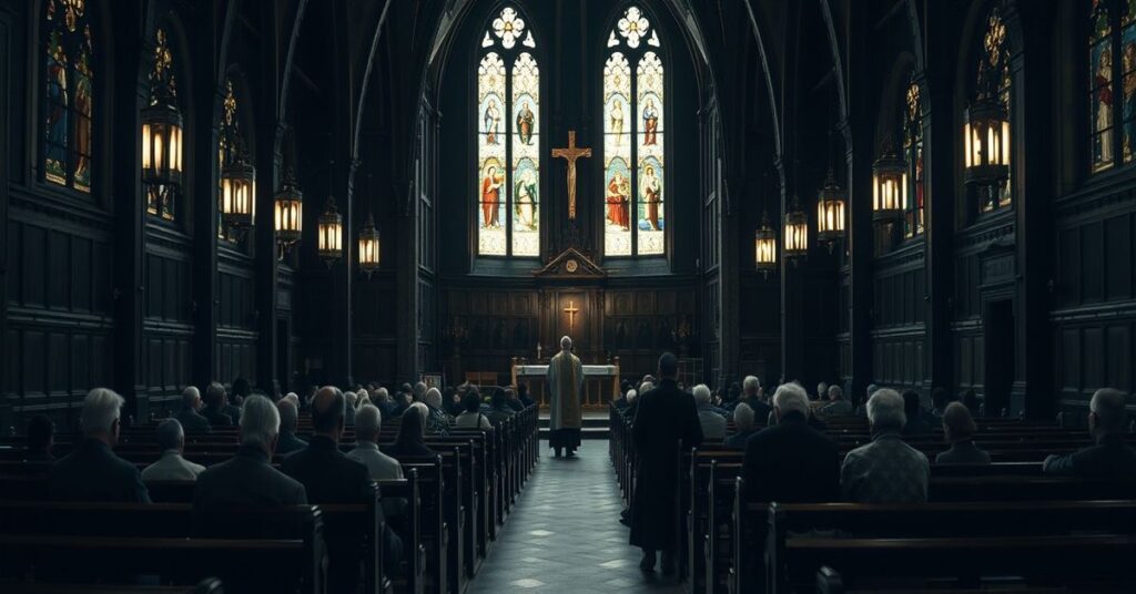 Pusty kościół katolicki w Niemczech podczas mszy łacińskiej z kilkoma wiernymi modlącymi się przy ołtarzu.