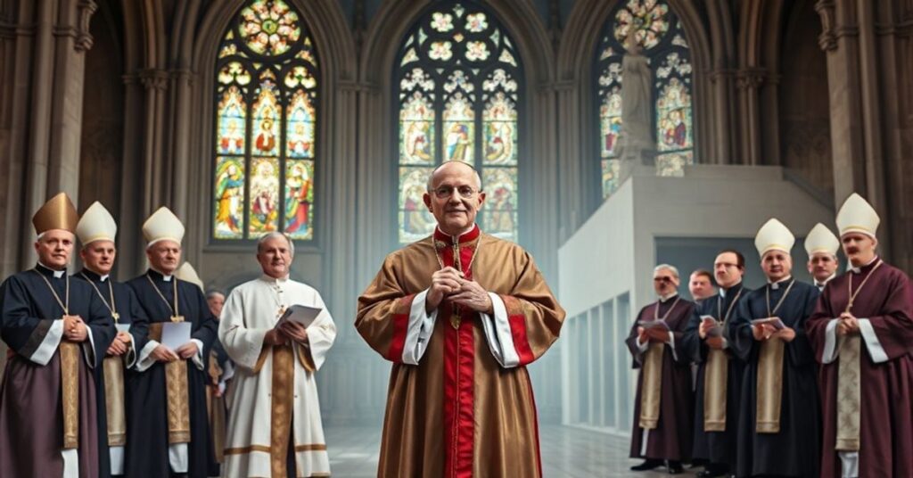 Biskup katolicki w tradycyjnych szatach liturgicznych stoi przed grupą modernistycznych "biskupów" w Niemczech, trzymając krzyż, podczas gdy oni trzymają świeckie dokumenty. Na tle katedra z tradycyjnymi witrażami kontrastuje z nowoczesnym, pustym kościołem.