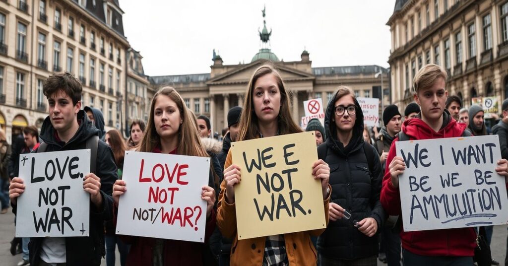 Grupa niemieckich protestujących z transparentami 'Miłość, a nie wojna' i 'Nie chcemy być amunicją' na tle berlińskiego rynku.