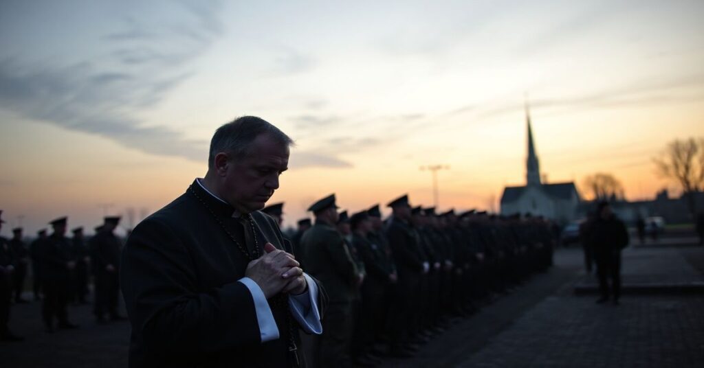Niemiecka baza wojskowa z żołnierzami i katolickim księdzem modlącego się na pierwszym planie.