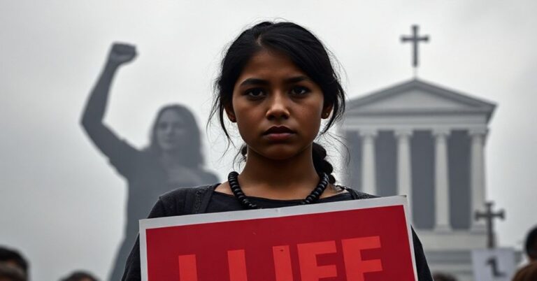 Młoda katolicka aktywistka pro-life stoi z wyrazem cierpienia i wiary przed agresywną przeciwniczką aborcji, na tle symbolicznie nieczynnego sądu