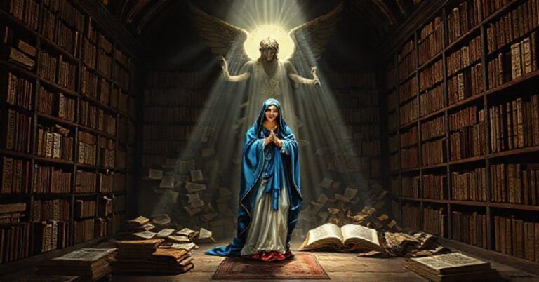 Niepokalana Dziewica Maryja w modlitewnym gestcie przed symbolami upadku Lucyfera