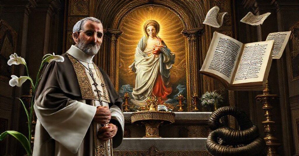 Sobór katolicki z klimatem tradycyjnym przedstawiający Niepokalanego Poczęcie Najświętszej Maryi Panny w kontekście teologicznego nauczania Kościoła.