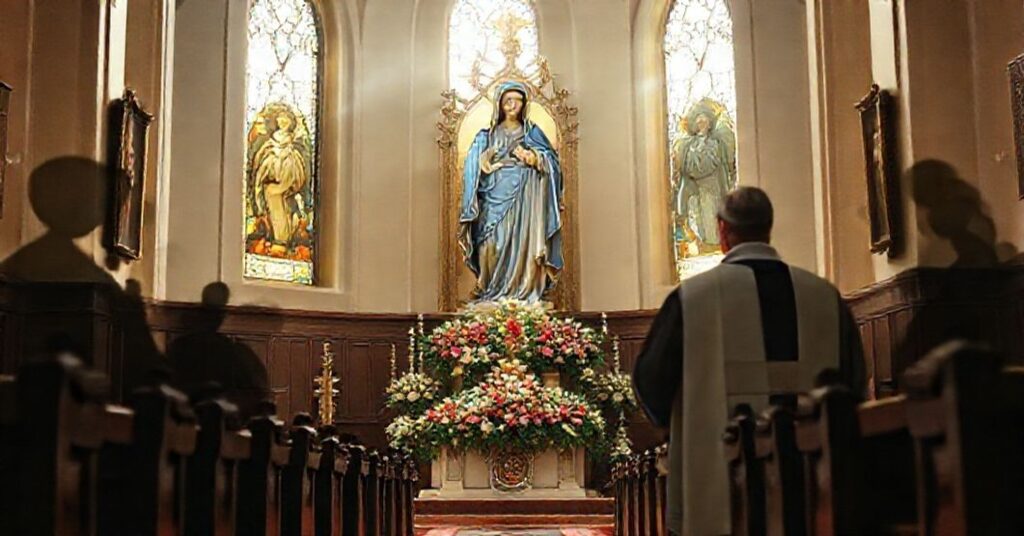 Tradycyjny wizerunek Niepokalanego Poczęcia Panny Maryi w kościele katolickim. Statua Maryi otoczona kwiatami w starej świątyni. Kapłan modli się przed nią podczas uroczystości.