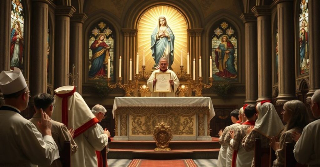 Ołtarz z obrazem Niepokalanego Poczęcia Najświętszej Maryi Panny z księdzem w tradycyjnych szatach liturgicznych.