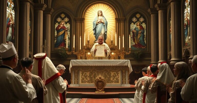 Ołtarz z obrazem Niepokalanego Poczęcia Najświętszej Maryi Panny z księdzem w tradycyjnych szatach liturgicznych.