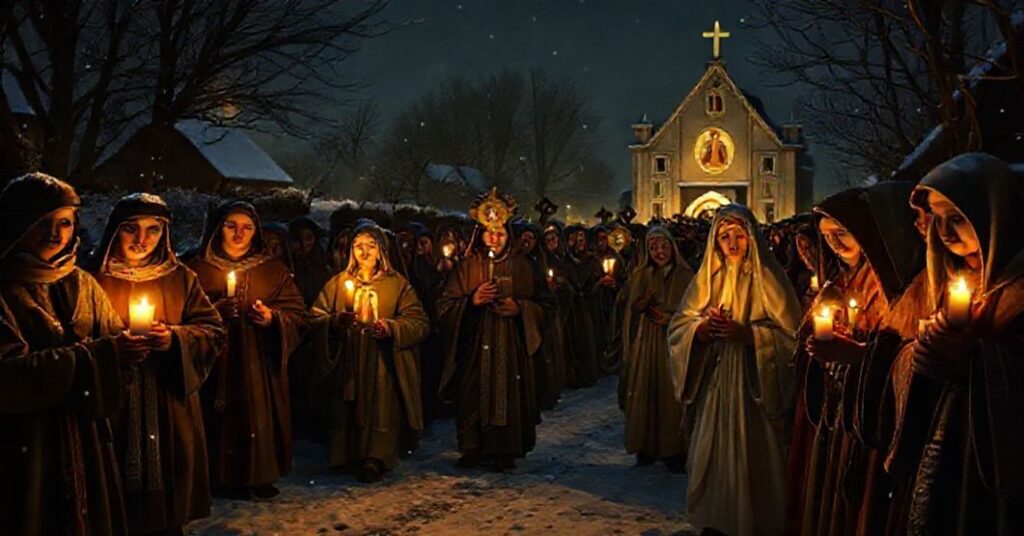 Tradycyjna katolicka uroczystość Niepokalanego Poczęcia z procesją wiernych w środkowoeuropejskiej wiosce przy świetle świec.