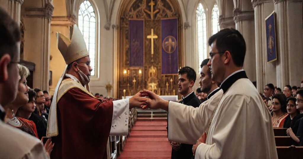 Obraz ukazujący nieprawdziwe święcenia kapłańskie w katedrze legnickiej w 2025 roku, symbolizujący kryzys doktrynalny Kościoła po Soborze Watershed