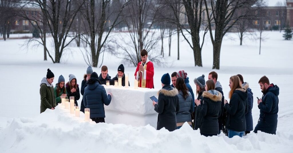 Grupa studentów uczestniczących w tradycyjnej katolickiej mszy z "księdzem" Matthew Harrisonem na ołtarzu ze śniegu w High Point University.