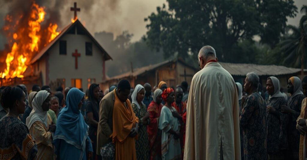 Sobólna scena katolicka przedstawiająca cierpienie chrześcijan nigeryjskich z palącym się kościołem metodystycznym w tle i grupą wiernych w tradycyjnych strójach modlących się.