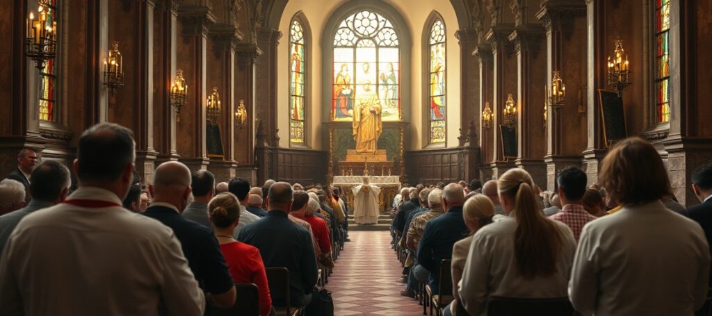 Tradycyjna katolicka msza w hiszpańskim kościele z wiernymi modlącymi się. Tło przedstawia rozmyty obraz uzurpatora Leon XIV.