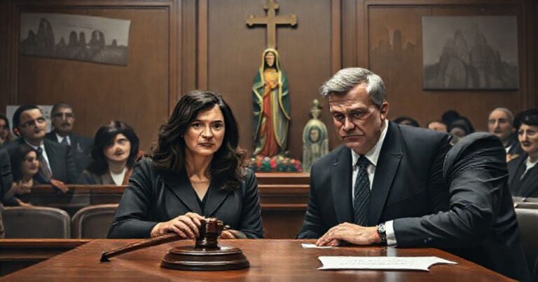 Scena sądowa z Tammy Lich i Chrisem Barberem stojącymi przed sędzią, otoczonymi adwokatami i widzami. Na stole leży młotek sądowy symbolizujący niesprawiedliwy wyrok. Sądownia jest ozdobiona tradycyjnymi symbolami katolickimi takimi jak krzyż i figura Matki Bożej z Guadalupe, subtelnie kontrastującą ze światowymi niesprawiedliwościami z prawdziwą sprawiedliwością Boską. Wyrazy twarzy są zdecydowane jak i zmęczone od długiej batalii sądowej. Oświetlenie jest naturalne nadając uroku poważnej atmosferze. Na tle widnieją delikatne obrazy protestów i rządowych budynków subtilnie przypominając o politycznej prześladowaniach opisanych w artykule.