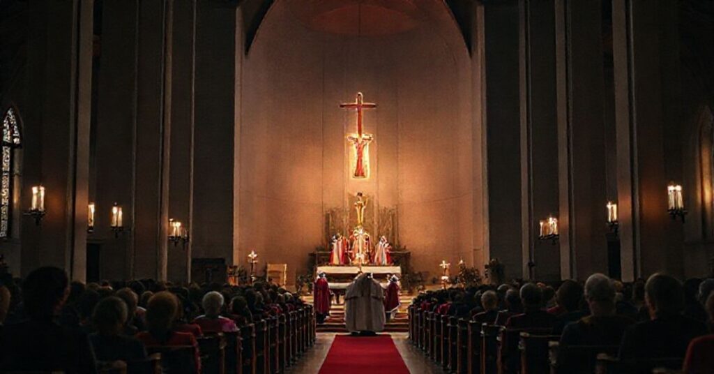 Wnętrze bydgoskiej katedry podczas nieszporów adwentowych z nietradycyjną liturgią i brakiem sakralnej atmosfery.
