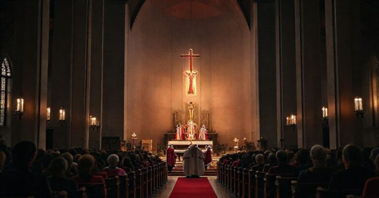 Wnętrze bydgoskiej katedry podczas nieszporów adwentowych z nietradycyjną liturgią i brakiem sakralnej atmosfery.