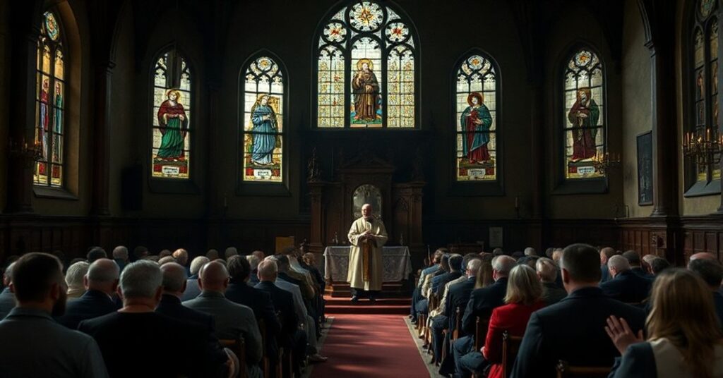 Wnętrze tradycyjnej katedry katolickiej podczas nieszporów adwentowych z Marek Walkusz CSSp na ambonie.