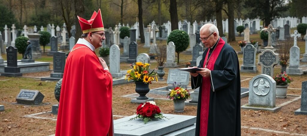 Obraz przedstawiający uroczyste Nieszpory przy grobie Sługi Bożej Wandy Malczewskiej w Parznie, pod przewodnictwem kardynała Konrada Krajewskiego i ks. dr Tomasza Liszewskiego.