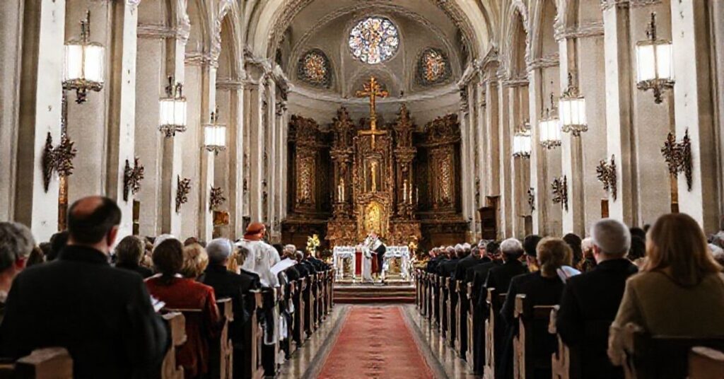 Uroczysty obraz wnętrza bazyliki Ojców Bernardynów w Rzeszowie podczas neo-liturgicznych nieszporów za zmarłych z ks. dr. Andrzejem Widakiem i o. Celestynem Cebulą OFM.