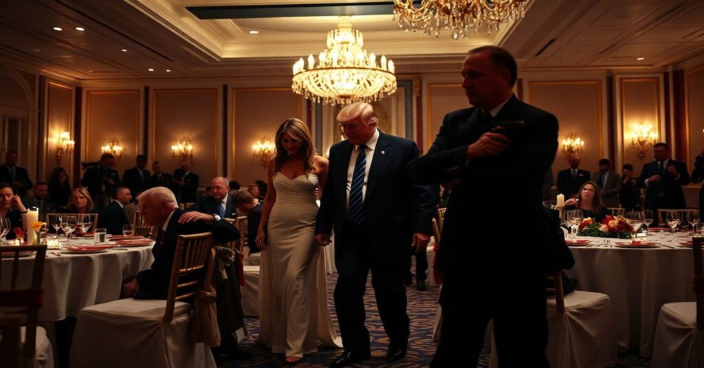 Donald Trump, Melania Trump i J.D. Vance pod opieką Secret Service podczas nieudanego zamachu podczas Kolacji Korespondentów Białego Domu w Waszyngtonie w 2026 roku.