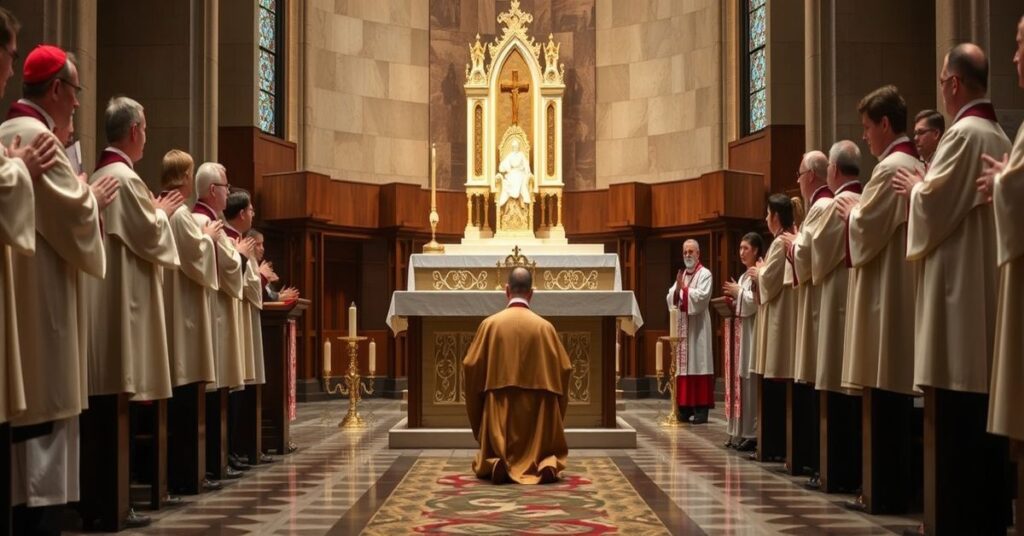 Biskupi siedzą w katedrze w Belleville w Illinois podczas niesakramentalnej konsekracji biskupa Godfrey'a Mullena przez uzurpatora Leona XIV.