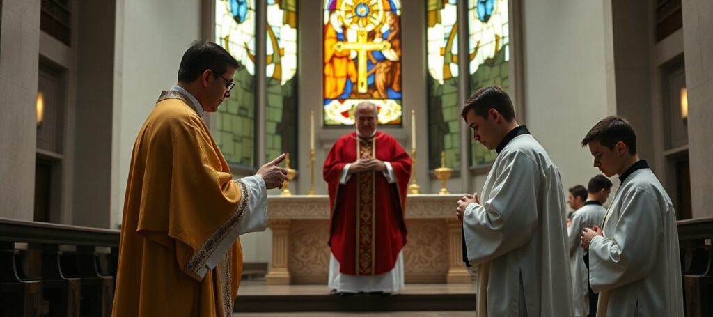 Scena święceń kapłańskich w katedrze zamojskiej - Adam Michalak i Dawid Pryciuk przyjmują nieważne święcenia od biskupa Marian Rojka w nowym rytuale posoborowym