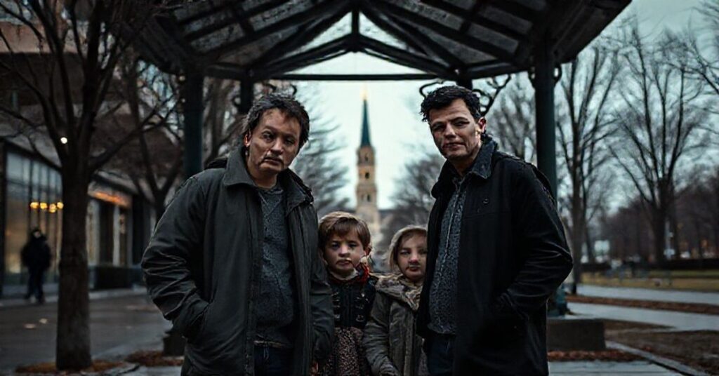 Portret rodziny w trudnej sytuacji między ulicą a altaną parkową, symbolizujący ukrytą bezdomność, trudności osób z autyzmem i przemoc domową. Scena odbija temat artykułu o „niewidzialnych” w społeczeństwie.