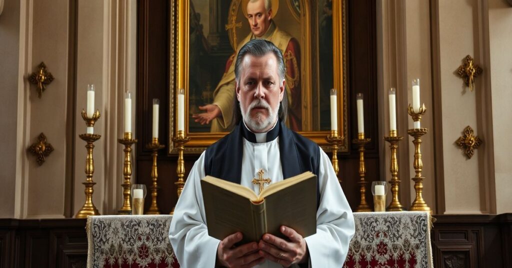 Stary ksiądz w stroju liturgicznym trzymającym Biblię przed ołtarzem z krzyżami i świecami; na tle portrety Nowmana i Piusa X.