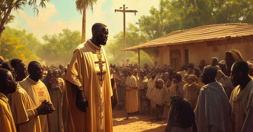 Katolicki ksiądz w tradycyjnych szatach stojący wśród zmartwionych parafian w nijerskiej wiosce przed kościołem.