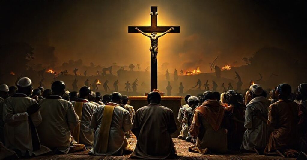 Grupa katolików w Nigerii modli się przed krzyżem w czasie prześladowań religijnych