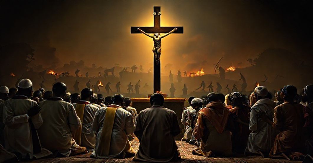 Grupa katolików w Nigerii modli się przed krzyżem w czasie prześladowań religijnych