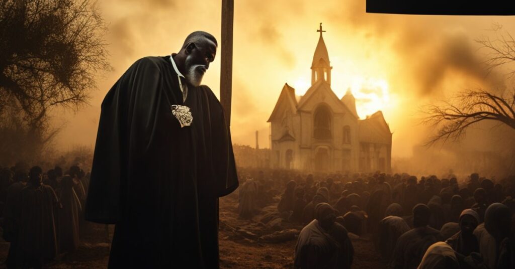 Katolicki ksiądz w tradycyjnych szatach stoi przed spaloną metodystcką cerkwią w Agwarze, Nigeria. Widocznie smętny i zestresowany.