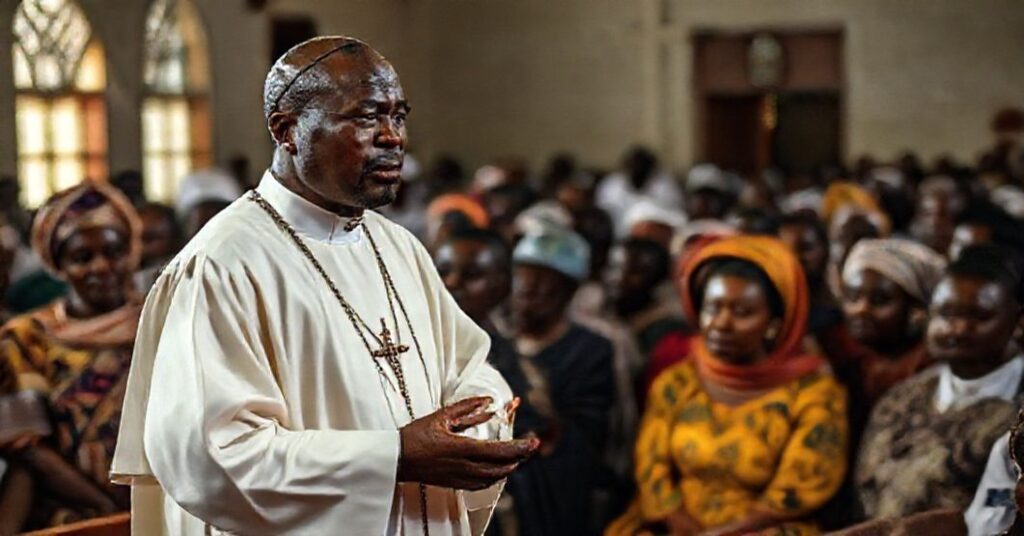 Scena z Potwierdzenia w Abuji z udziałem „Arcybiskupa” Ignatiusa Ayau Kaigamy, ukazująca dramat kryzysu religijnego i społecznego Nigerii