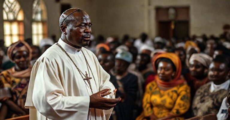 Scena z Potwierdzenia w Abuji z udziałem „Arcybiskupa” Ignatiusa Ayau Kaigamy, ukazująca dramat kryzysu religijnego i społecznego Nigerii