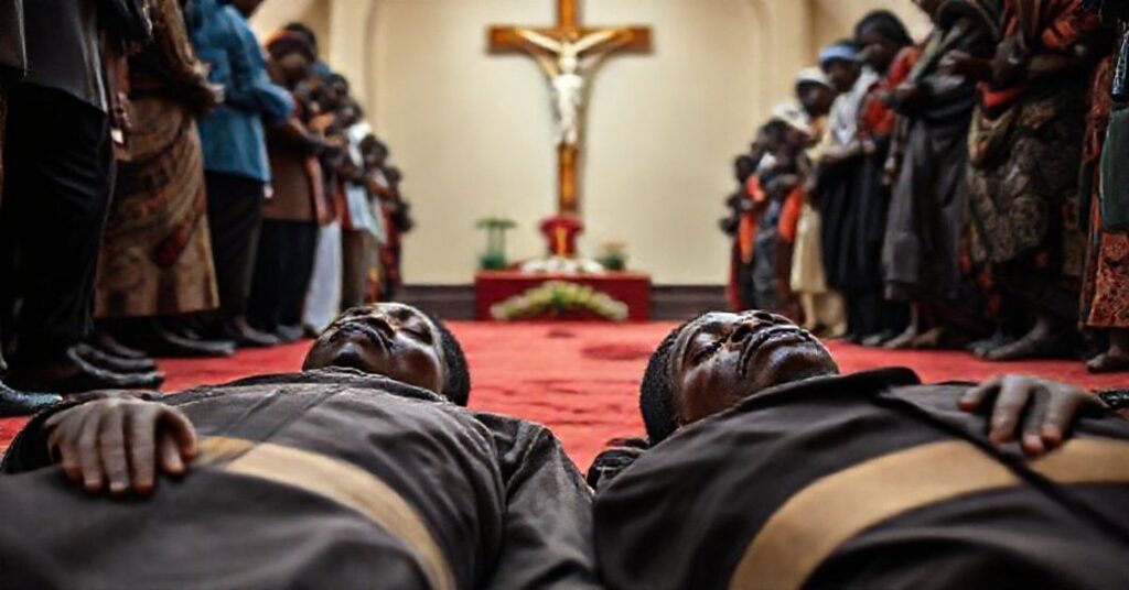 Scena po atakach na chrześcijan w Nigerii - dwaj męczennicy w kościele