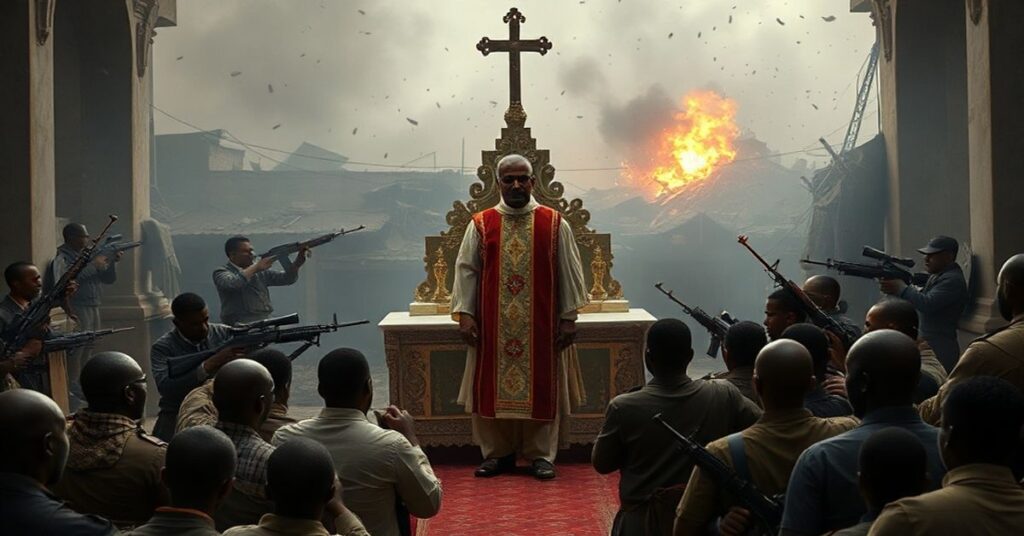 Scena tradycyjnej mszy tridentyńskiej w niszczonej wojną Nigerii z atakującymi uzbrojonymi napastnikami. Przyłbice i krzyże na ołtarzu. Przerażeni wierni. Kleryk w tradycyjnych ornatach wśród chaosu.