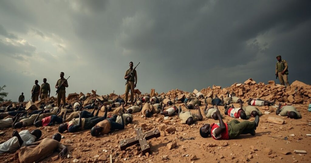 Scena po ataku dżihadystów na wioskę Woro w Nigerii, gdzie zginęło co najmniej 170 chrześcijan. Niszcząca obecność islamskich terrorystów i zniszczone domy symbolizują prześladowania chrześcijan.