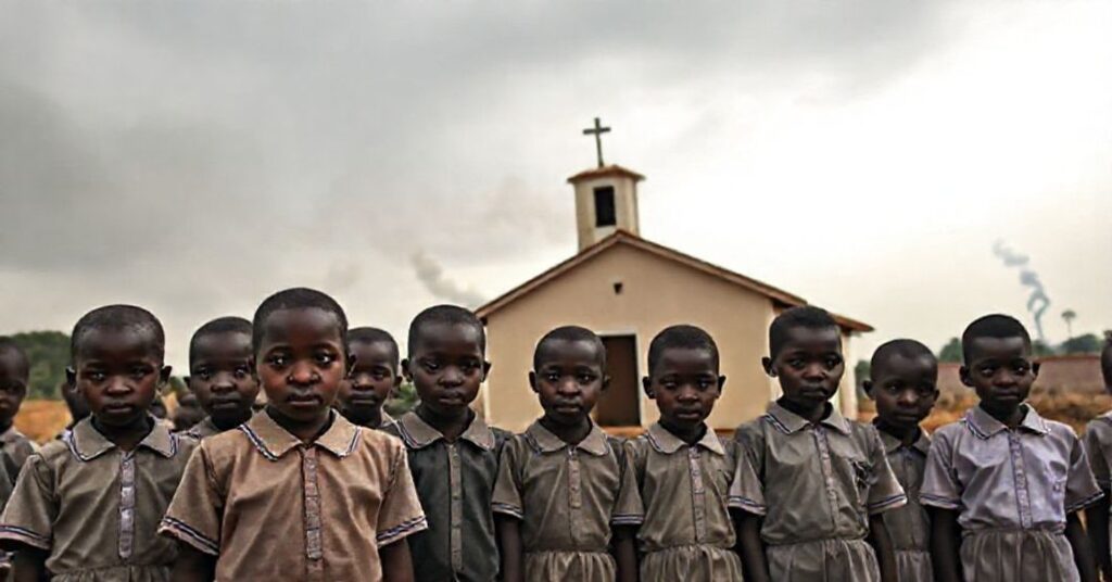 Scena katolicka ukazująca zamknięte szkoły w Nigerii po porwaniach dzieci. W tle kościół katolicki symbolizuje nadzieję w obliczu chaosu.