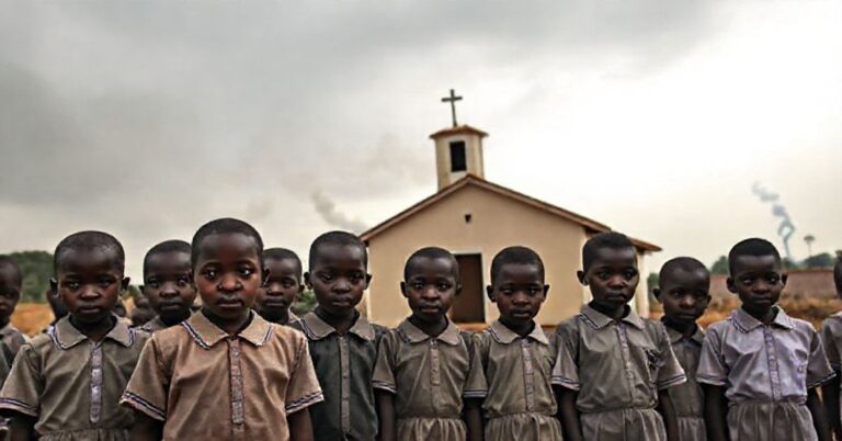 Scena katolicka ukazująca zamknięte szkoły w Nigerii po porwaniach dzieci. W tle kościół katolicki symbolizuje nadzieję w obliczu chaosu.