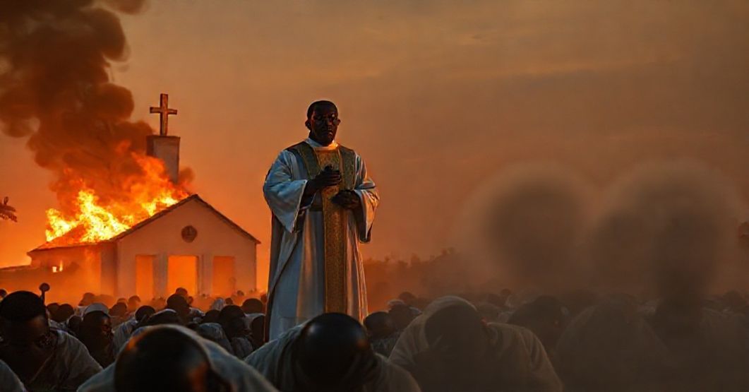 Realistyczny obraz męczeństwa katolików w Nigerii podczas szturmów islamskich ekstremistów z kapłanem chroniącego wiernych