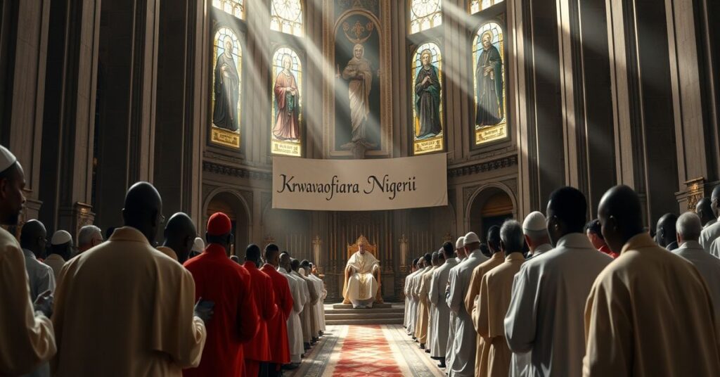 Nigeryjscy biskupi modlący się w Bazylice Świętego Piotra w Rzymie przed pustym tronem papieskim.