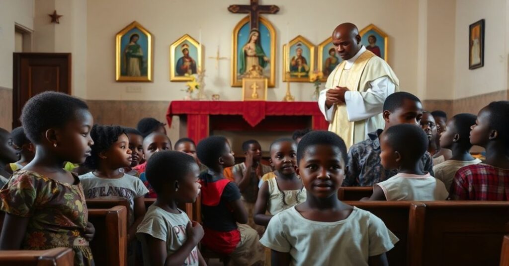 Grupa nigrzyjskich dzieci modli się przed ołtarzem katolickim po uwolnieniu z porwania, pod opieką księdza w tradycyjnych szatach liturgicznych.