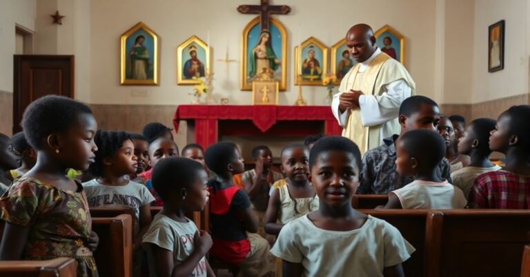 Grupa nigrzyjskich dzieci modli się przed ołtarzem katolickim po uwolnieniu z porwania, pod opieką księdza w tradycyjnych szatach liturgicznych.